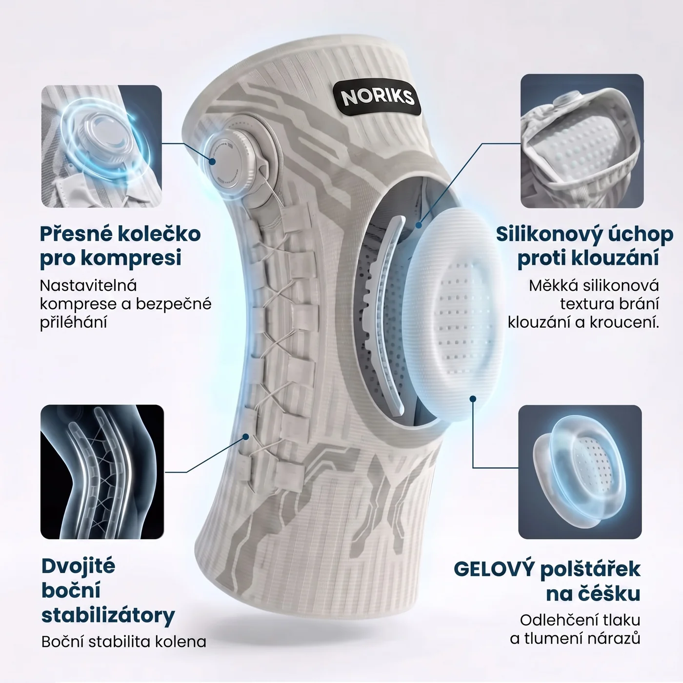 Čtyři funkce ortézy NORIKS KneeFix