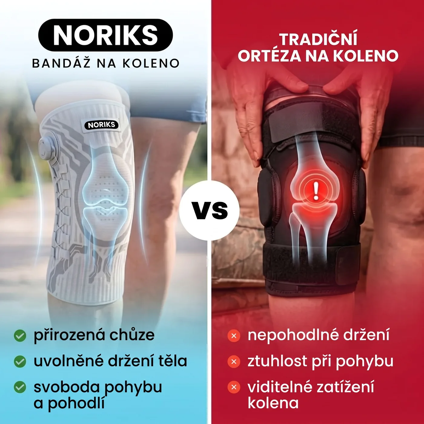 Kolenní ortéza NORIKS ve srovnání s tradiční ortézou
