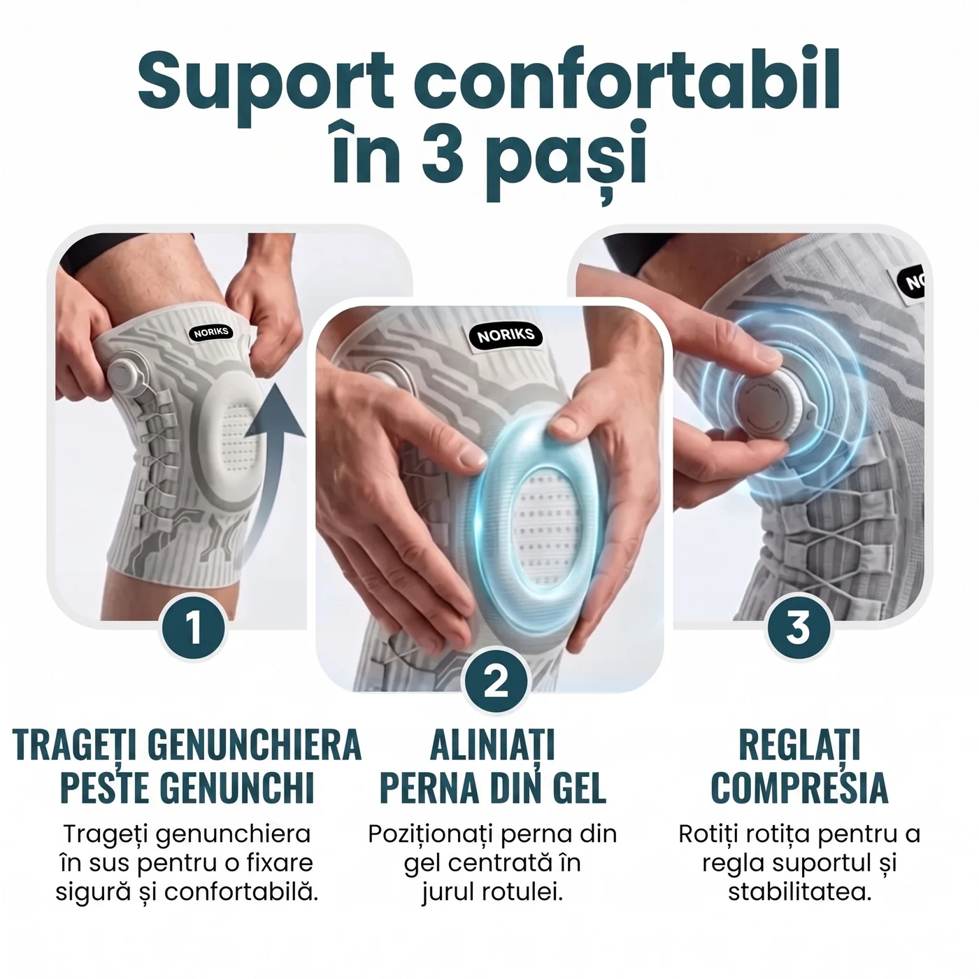 Sprijin confortabil în trei pași — trageți, aliniați, reglați