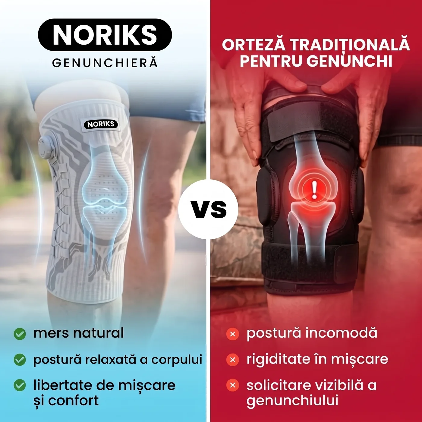 Orteza de genunchi NORIKS comparativ cu o orteză tradițională