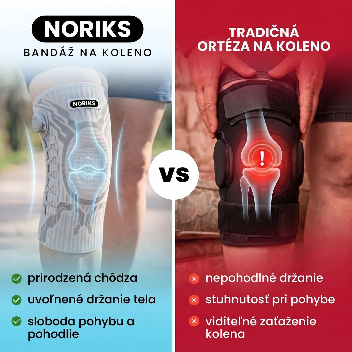 Kolenná ortéza NORIKS v porovnaní s tradičnou ortézou